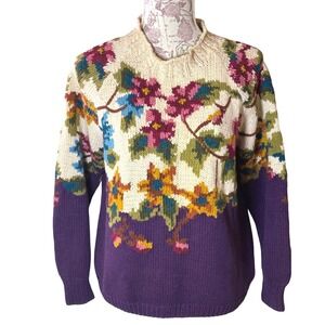 Vintage Cottagecore Grandmacore Knit Embroidered‎ Sweater C.H.U Floral  SZ S/M